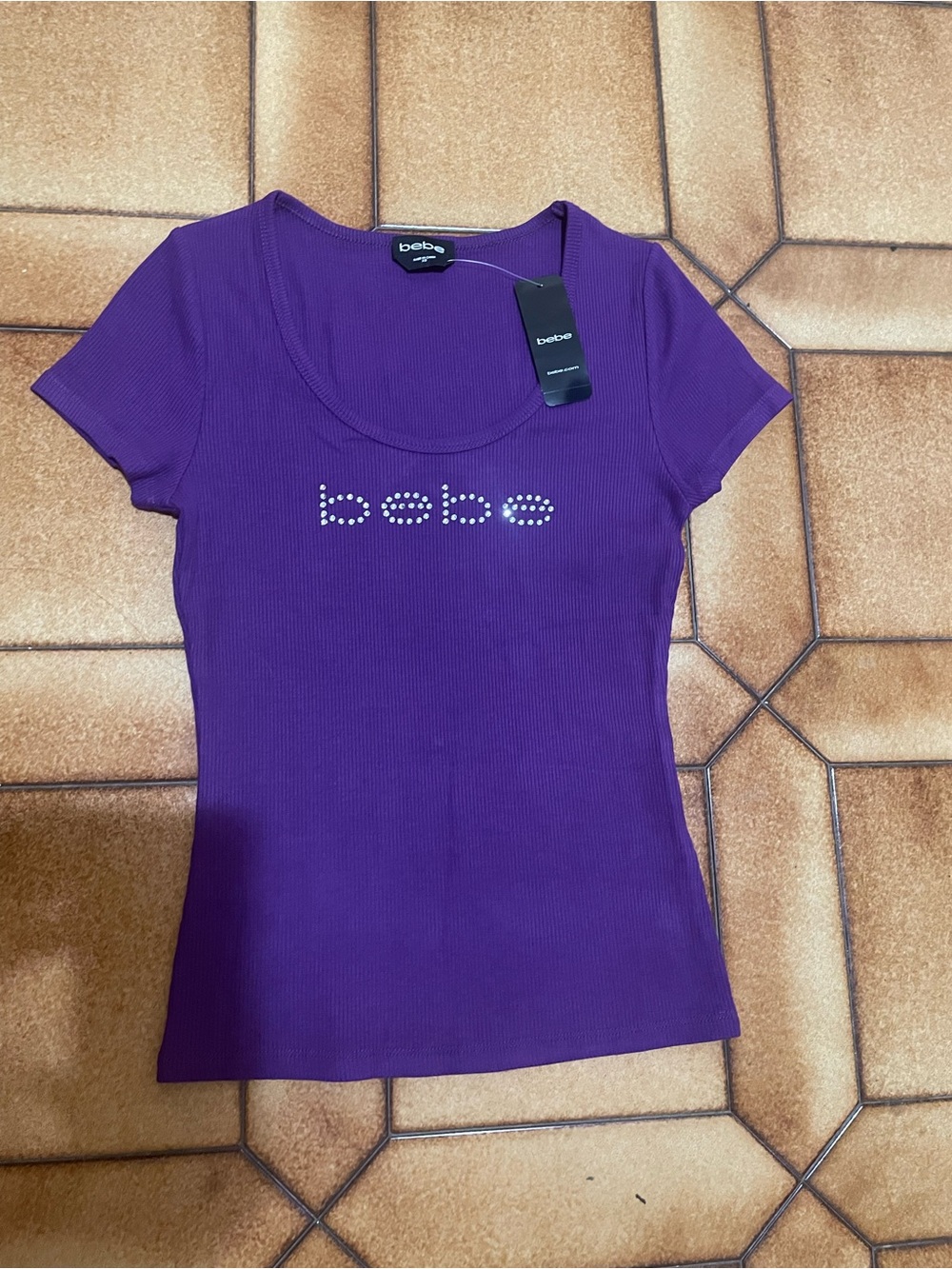 bebe Purple Scoop Neck Short Sleeve Tee with Rhinestone Logo